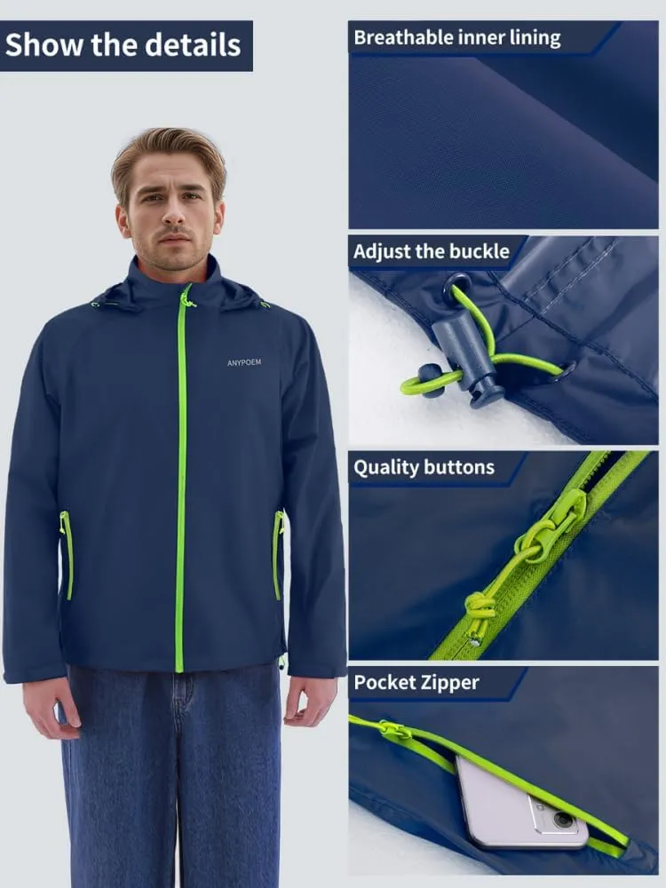 Men's Rain Jacket with Hood Lightweight Packable Upf 50  Long Sleeve Waterproof Rain Coat Windbreaker Golf