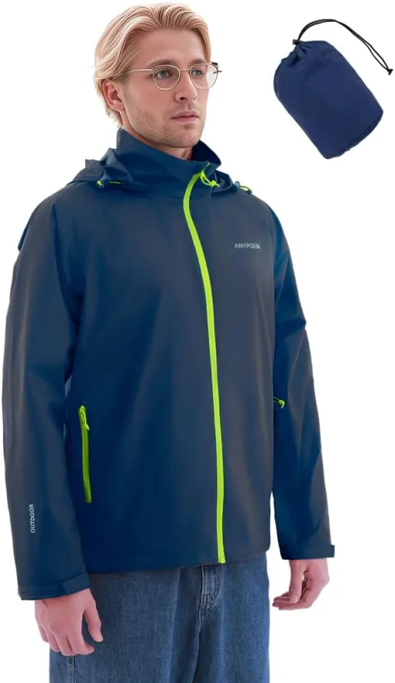 Men's Rain Jacket with Hood Lightweight Packable Upf 50  Long Sleeve Waterproof Rain Coat Windbreaker Golf