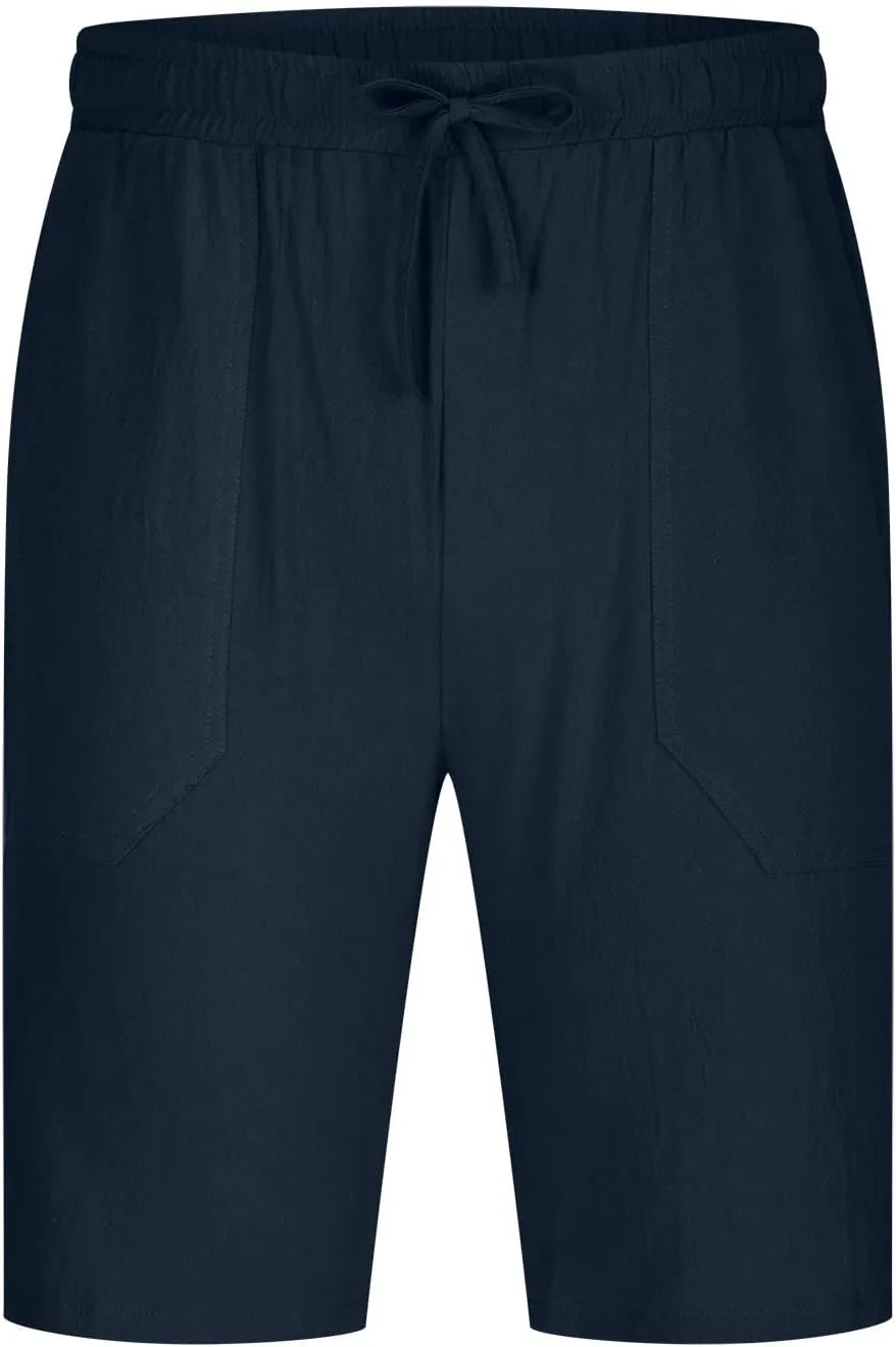 Mens Shorts Summer Trendy Cotton Linen Sport Pants Elastic Waist Drawstring Trousers Straight Beach Pants with Pockets