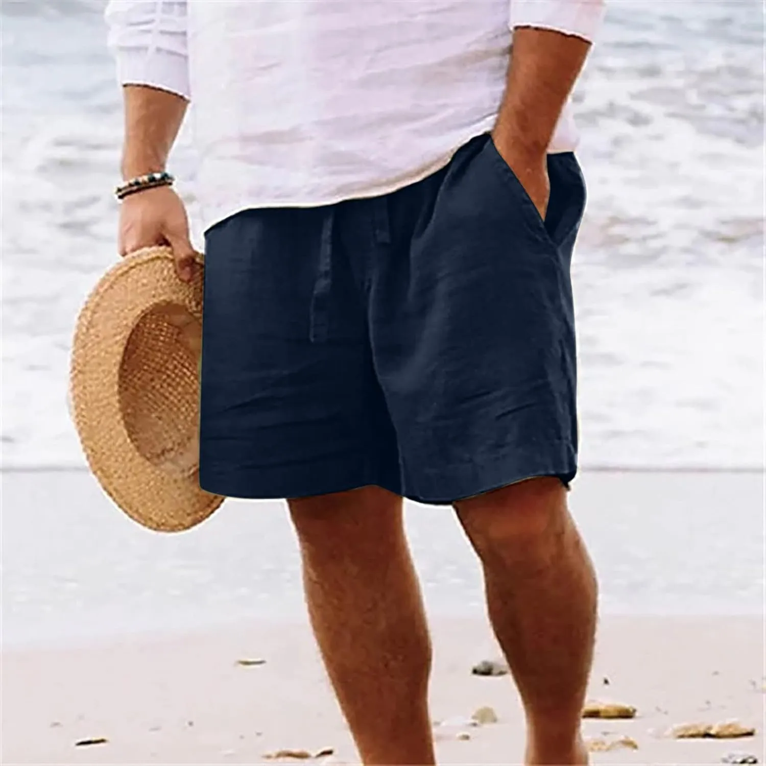 Mens Shorts Summer Trendy Cotton Linen Sport Pants Elastic Waist Drawstring Trousers Straight Beach Pants with Pockets