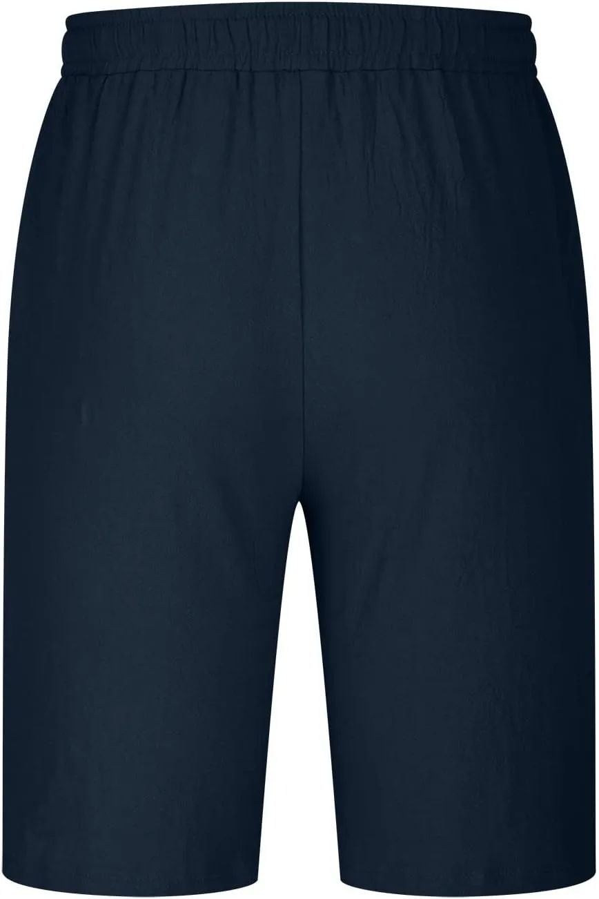 Mens Shorts Summer Trendy Cotton Linen Sport Pants Elastic Waist Drawstring Trousers Straight Beach Pants with Pockets