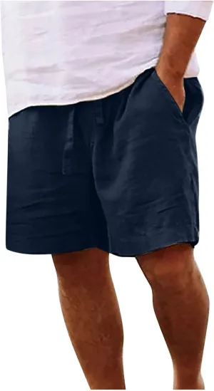 Mens Shorts Summer Trendy Cotton Linen Sport Pants Elastic Waist Drawstring Trousers Straight Beach Pants with Pockets