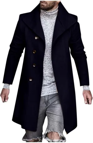 Men's Single Breasted Trench Coat Slim Fit Lapel Cardigan Coat Winter Warm Business Casual Long Jacket Overcoat