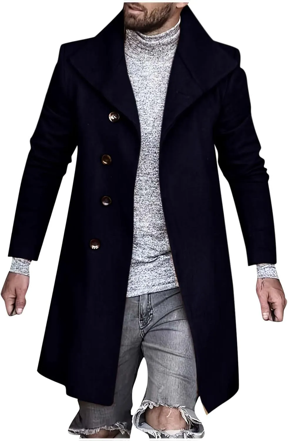 Men's Single Breasted Trench Coat Slim Fit Lapel Cardigan Coat Winter Warm Business Casual Long Jacket Overcoat
