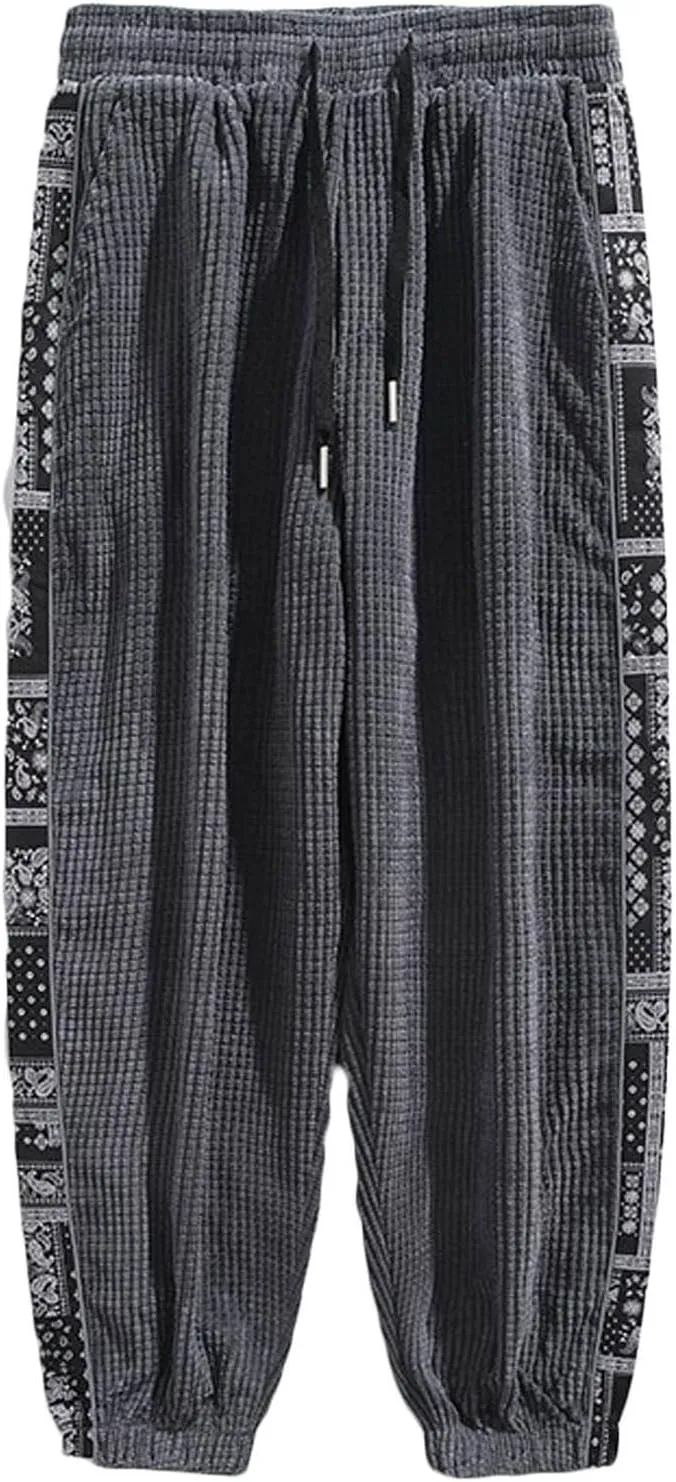 Mens Sweatpants Casual Drawstring Sport Corduroy Loose Pants Summer and Spring Elastic Waist Beam Feed Trousers