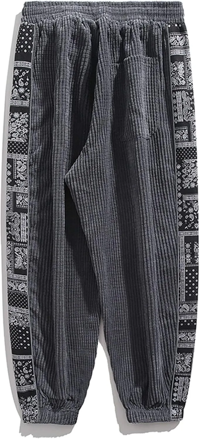 Mens Sweatpants Casual Drawstring Sport Corduroy Loose Pants Summer and Spring Elastic Waist Beam Feed Trousers