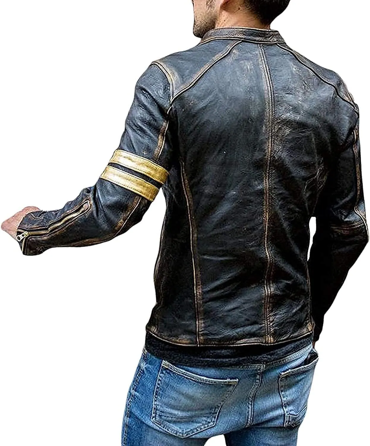 Men's Vintage Cafe Racer Golden Stripes Distressed Brown Leather Jacket Motorcycle Vintage Leather Jacket For Men