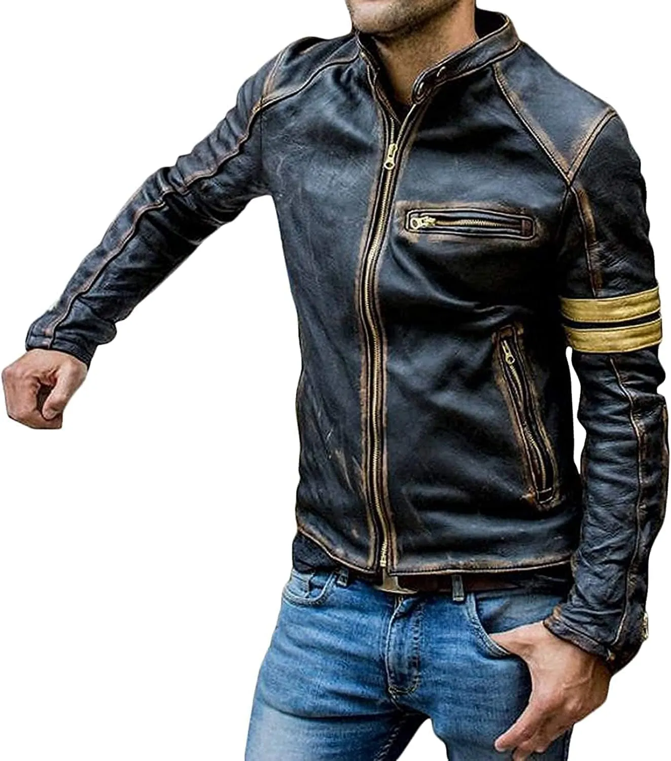Men's Vintage Cafe Racer Golden Stripes Distressed Brown Leather Jacket Motorcycle Vintage Leather Jacket For Men