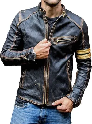 Men's Vintage Cafe Racer Golden Stripes Distressed Brown Leather Jacket Motorcycle Vintage Leather Jacket For Men