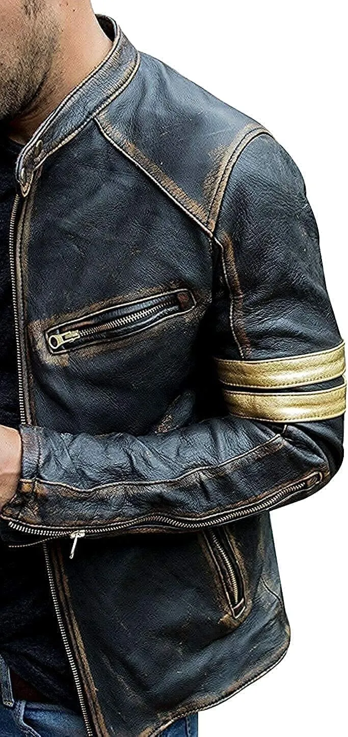 Men's Vintage Cafe Racer Golden Stripes Distressed Brown Leather Jacket Motorcycle Vintage Leather Jacket For Men