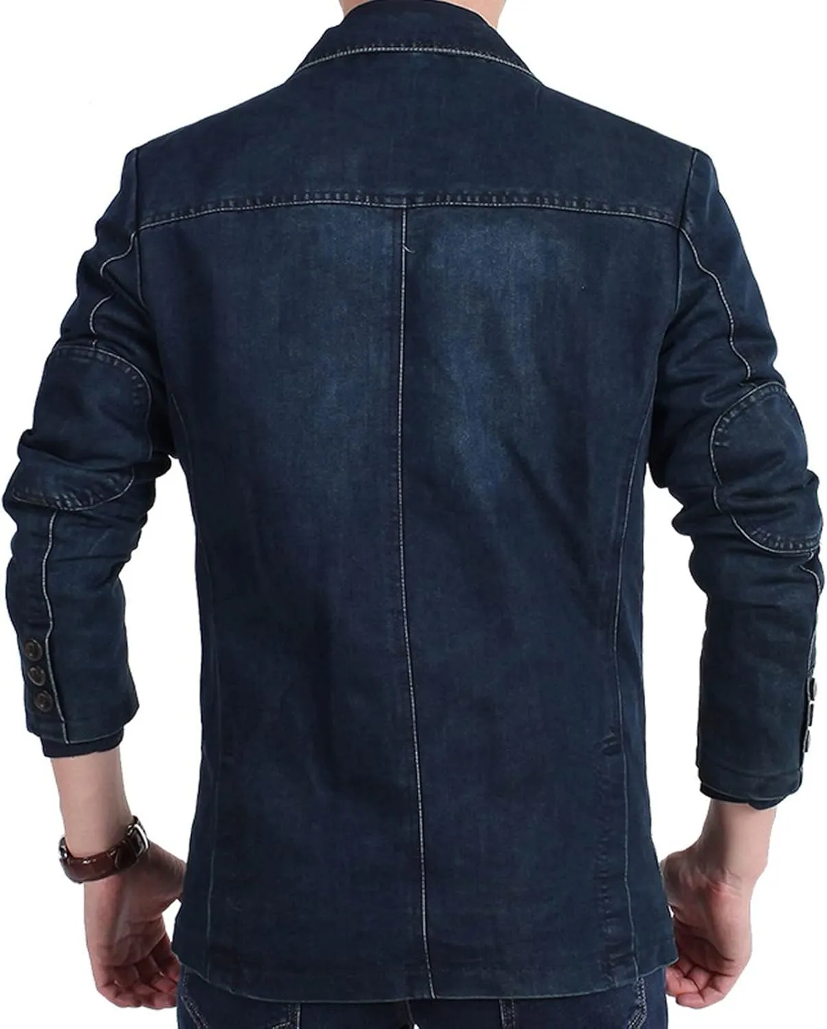 Men`s Vintage Label Collar Denim Jeans Jacket Trench Coat Three Button Business Blazer Jacket with Pockets