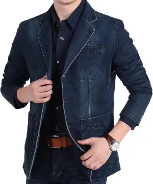 Men`s Vintage Label Collar Denim Jeans Jacket Trench Coat Three Button Business Blazer Jacket with Pockets