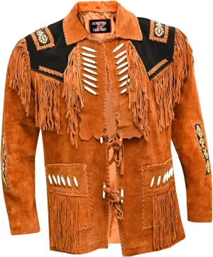 Men's Western Cowboy Leather Jacket Fringed Boned Native American Suede Beaded -Tan Brown (XX-Large) (RP-786)
