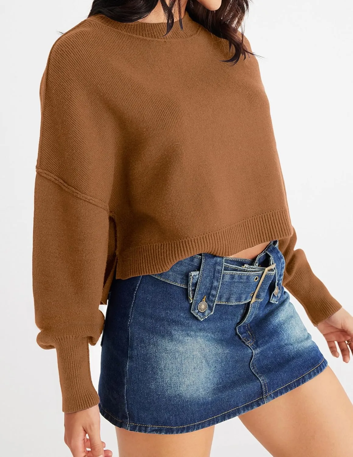 MEROKEETY Women's 2025 Crewneck Cropped Sweater Fall Batwing Sleeve Oversized Side Slit Ribbed Knit Pullover Jumper Tops