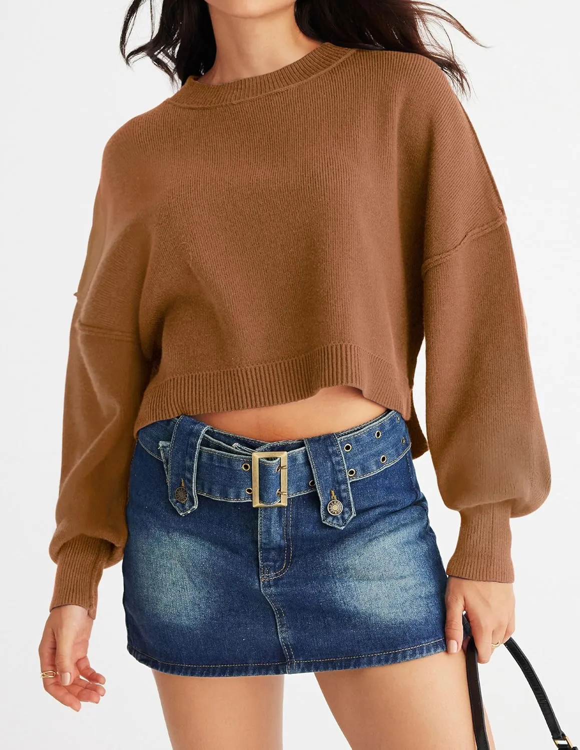 MEROKEETY Women's 2025 Crewneck Cropped Sweater Fall Batwing Sleeve Oversized Side Slit Ribbed Knit Pullover Jumper Tops