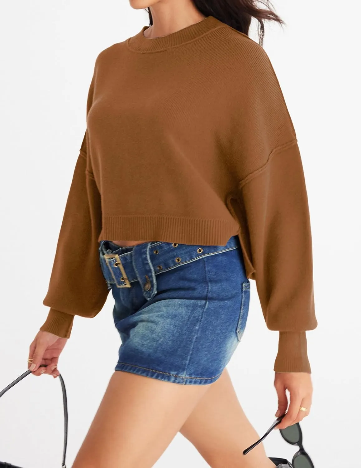MEROKEETY Women's 2025 Crewneck Cropped Sweater Fall Batwing Sleeve Oversized Side Slit Ribbed Knit Pullover Jumper Tops
