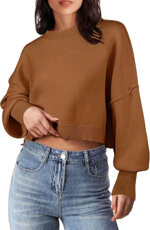 MEROKEETY Women's 2025 Crewneck Cropped Sweater Fall Batwing Sleeve Oversized Side Slit Ribbed Knit Pullover Jumper Tops