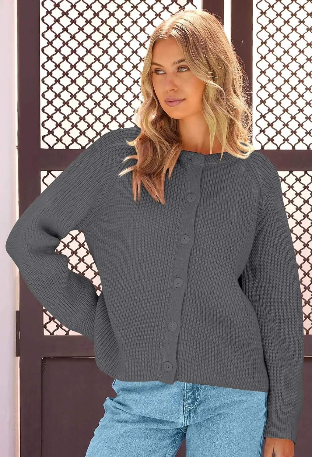 MEROKEETY Women's 2025 Long Sleeve Cardigan Sweater Crew Neck Button Ribbed Open Front Knit Outerwear