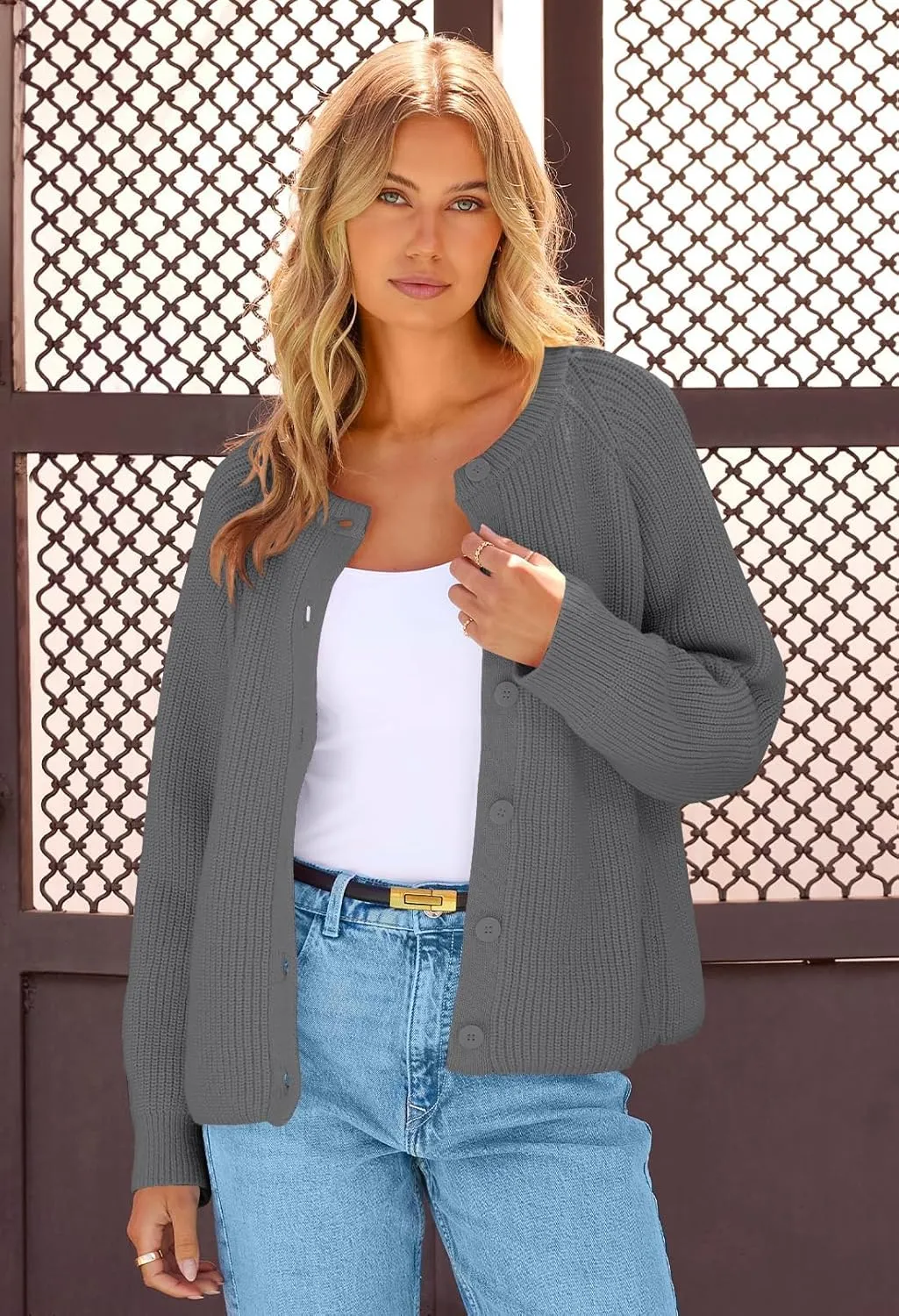 MEROKEETY Women's 2025 Long Sleeve Cardigan Sweater Crew Neck Button Ribbed Open Front Knit Outerwear