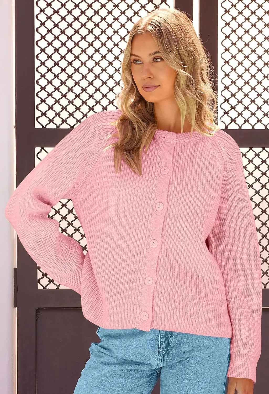 MEROKEETY Women's 2025 Long Sleeve Cardigan Sweater Crew Neck Button Ribbed Open Front Knit Outerwear