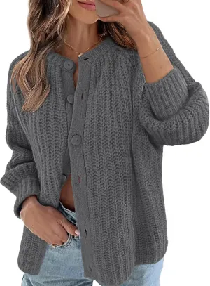 MEROKEETY Women's 2025 Long Sleeve Cardigan Sweater Crew Neck Button Ribbed Open Front Knit Outerwear