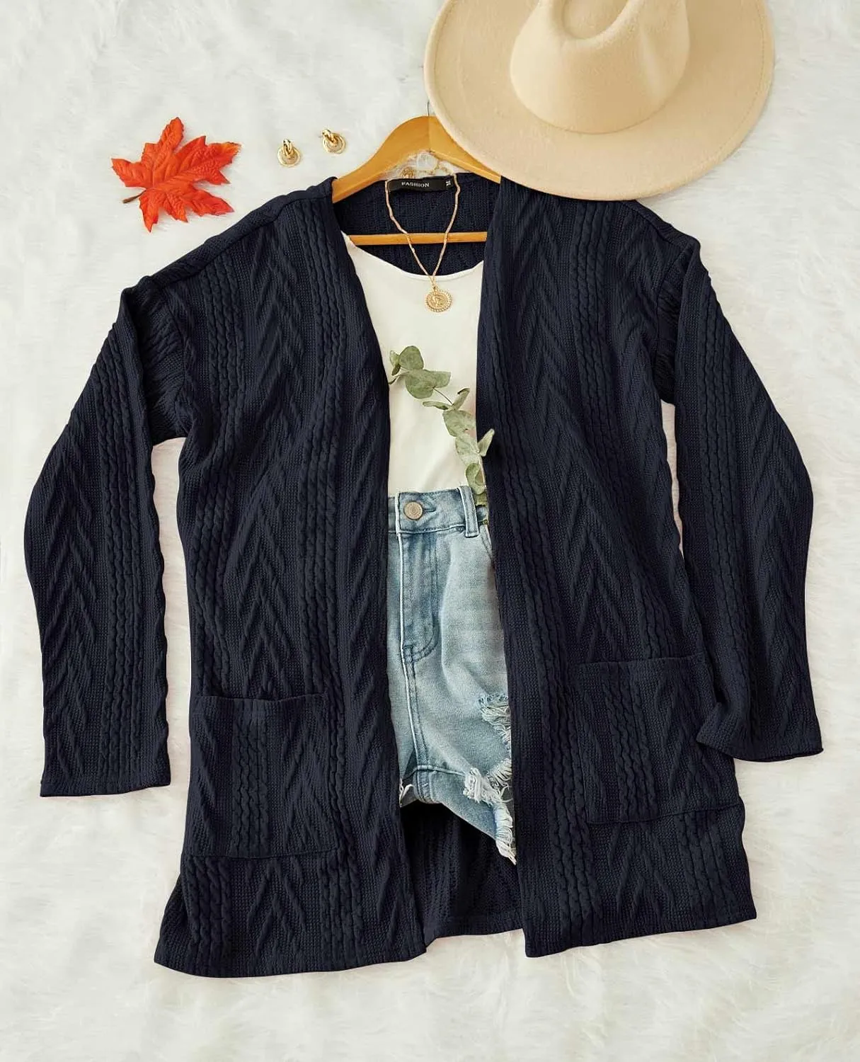 MEROKEETY Women's Casual Long Sleeve Open Front Cable Knit Cardigans Lightweight Solid Color with Pockets