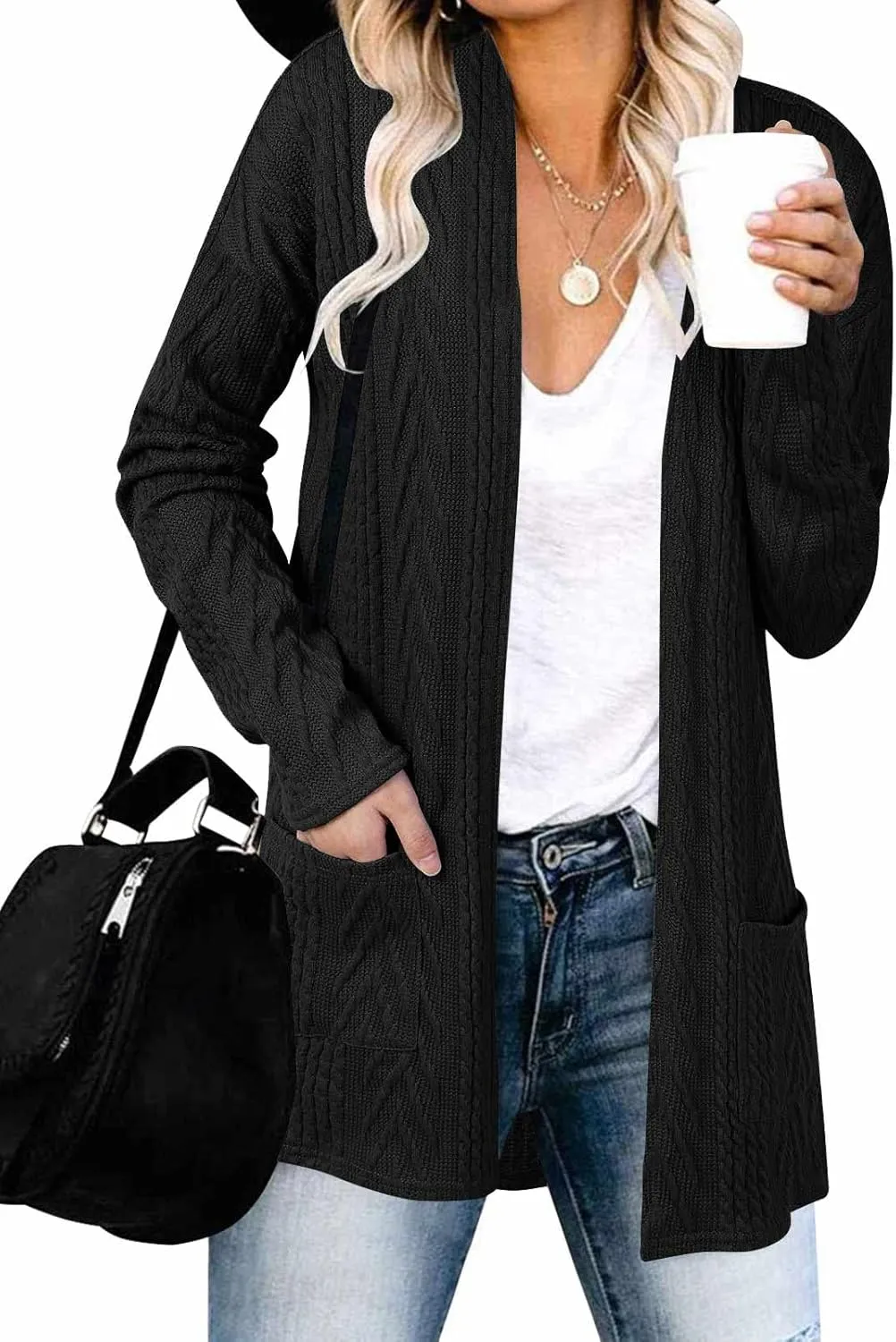 MEROKEETY Women's Casual Long Sleeve Open Front Cable Knit Cardigans Lightweight Solid Color with Pockets