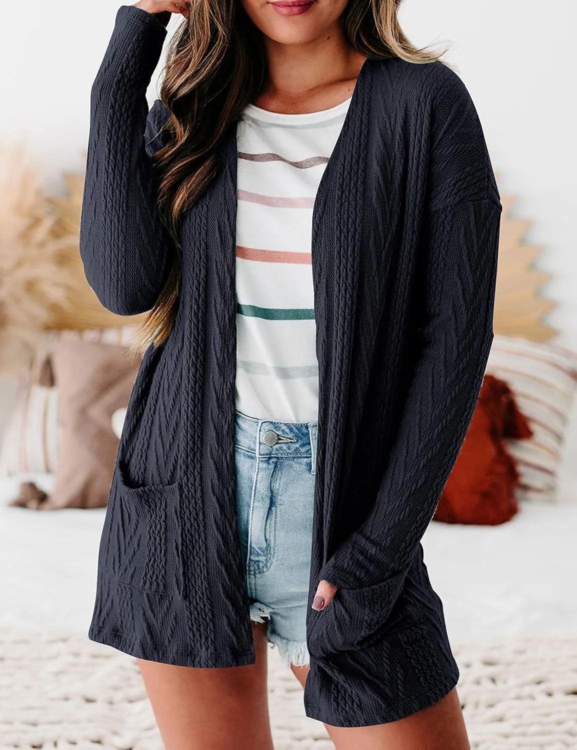MEROKEETY Women's Casual Long Sleeve Open Front Cable Knit Cardigans Lightweight Solid Color with Pockets