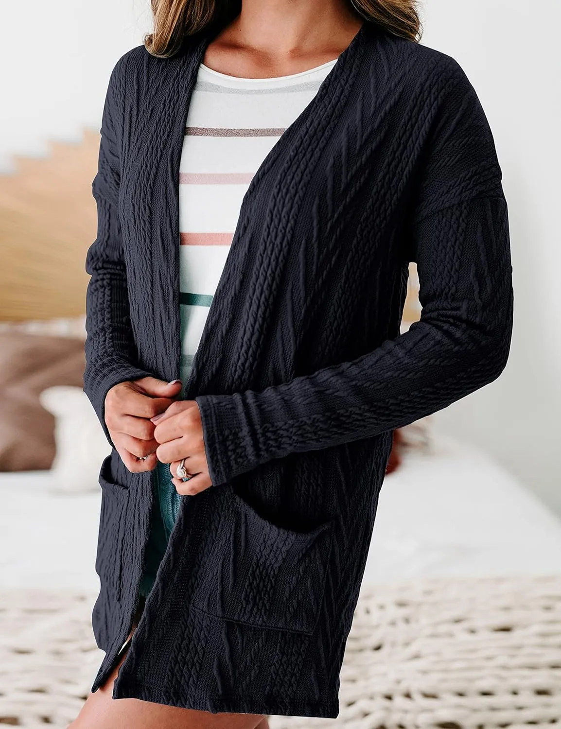 MEROKEETY Women's Casual Long Sleeve Open Front Cable Knit Cardigans Lightweight Solid Color with Pockets