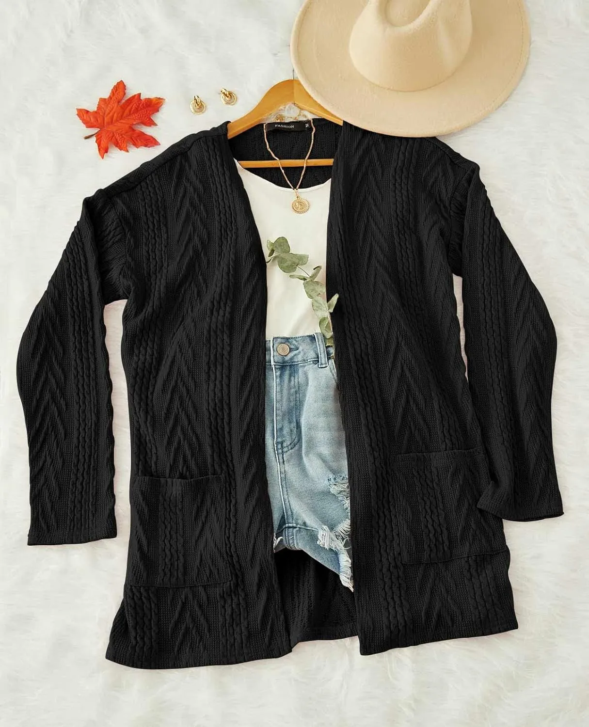 MEROKEETY Women's Casual Long Sleeve Open Front Cable Knit Cardigans Lightweight Solid Color with Pockets