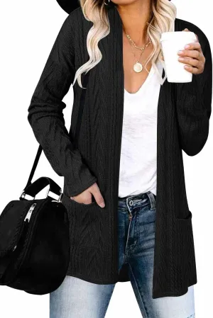 MEROKEETY Women's Casual Long Sleeve Open Front Cable Knit Cardigans Lightweight Solid Color with Pockets