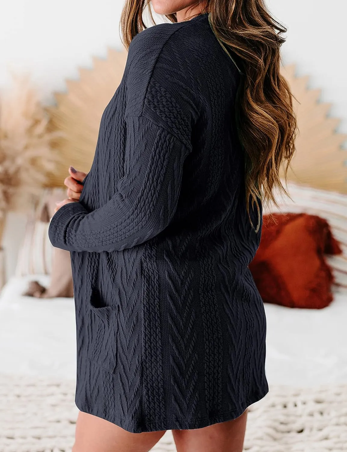 MEROKEETY Women's Casual Long Sleeve Open Front Cable Knit Cardigans Lightweight Solid Color with Pockets
