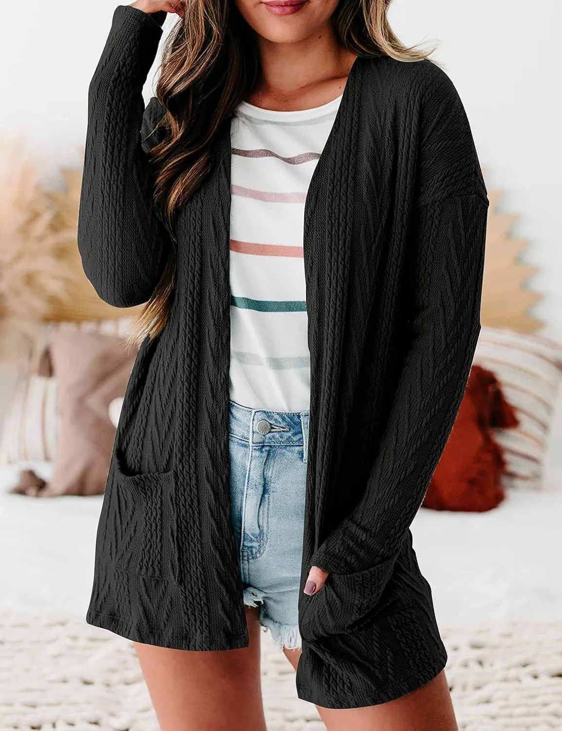 MEROKEETY Women's Casual Long Sleeve Open Front Cable Knit Cardigans Lightweight Solid Color with Pockets