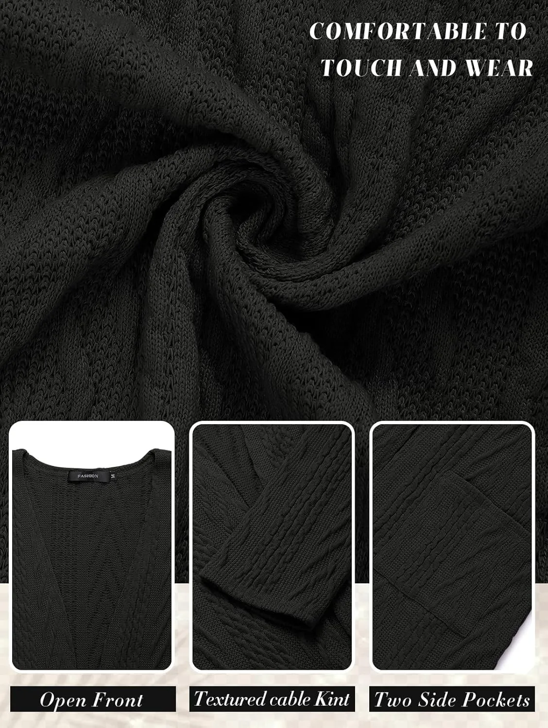 MEROKEETY Women's Casual Long Sleeve Open Front Cable Knit Cardigans Lightweight Solid Color with Pockets