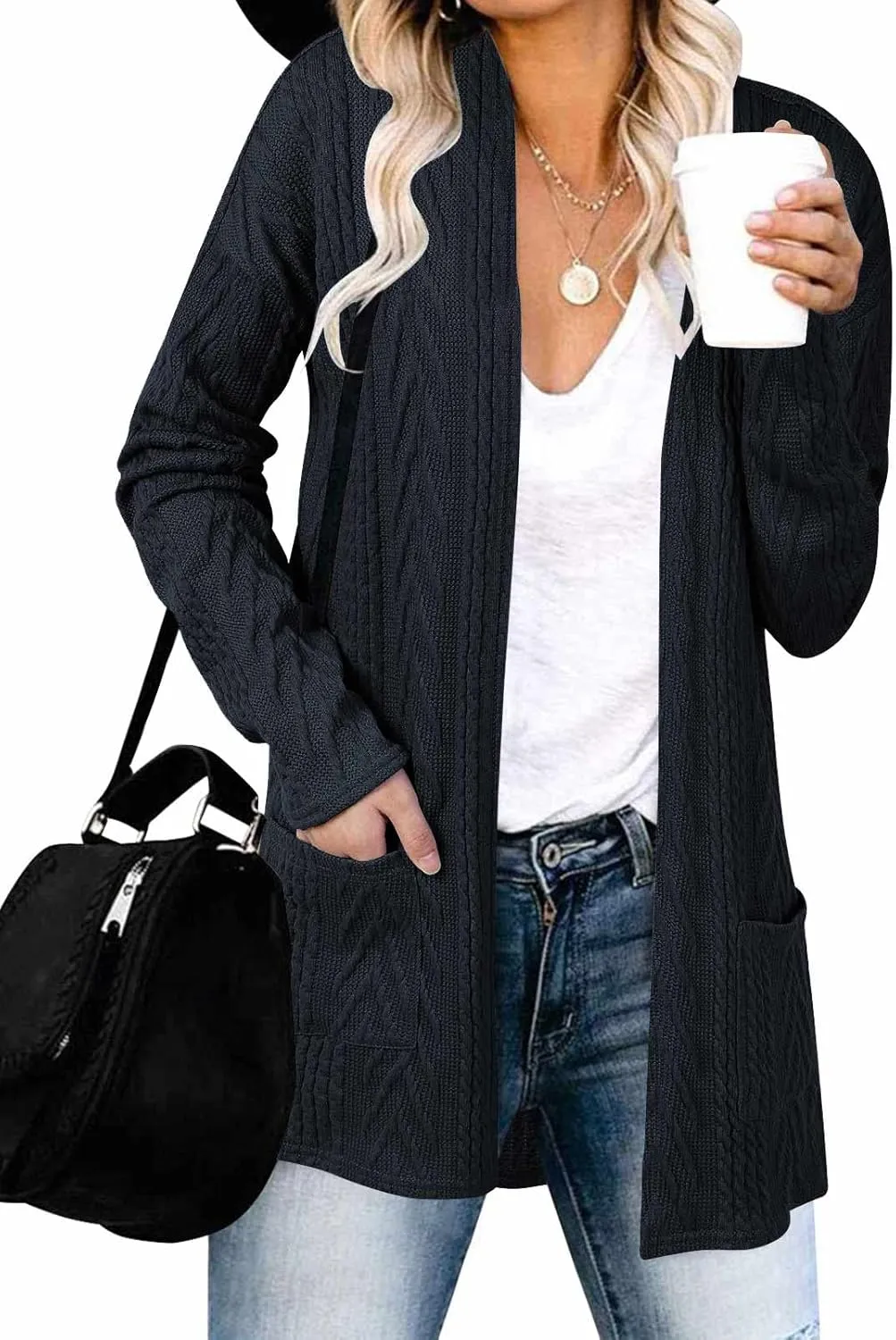 MEROKEETY Women's Casual Long Sleeve Open Front Cable Knit Cardigans Lightweight Solid Color with Pockets