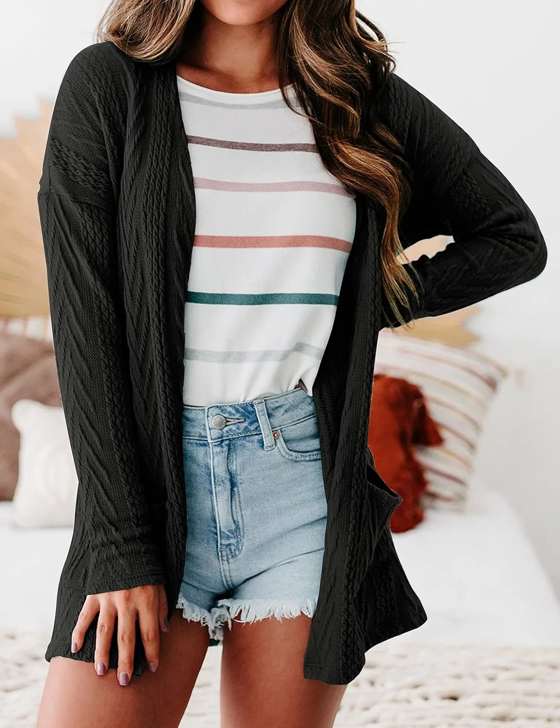 MEROKEETY Women's Casual Long Sleeve Open Front Cable Knit Cardigans Lightweight Solid Color with Pockets