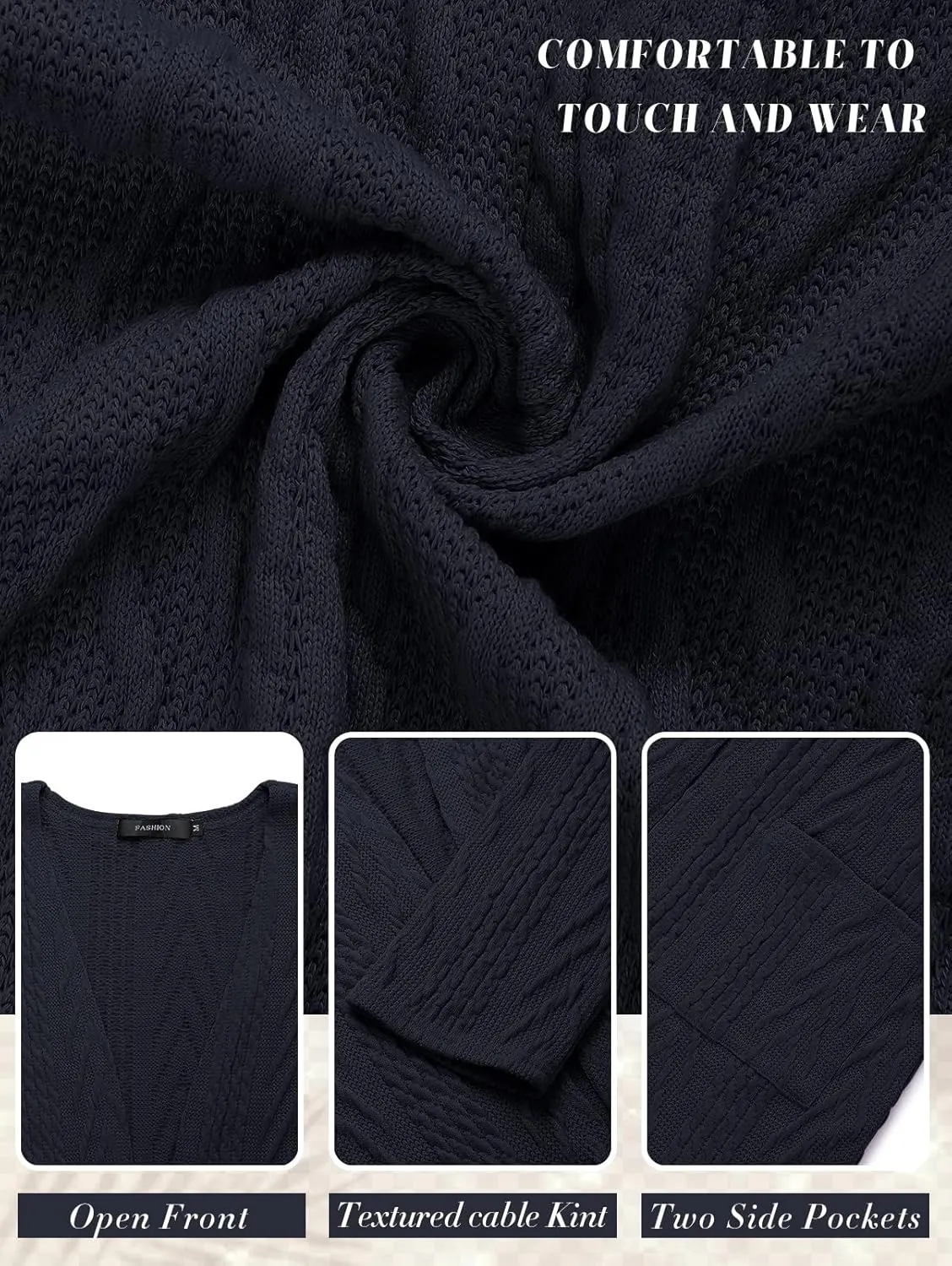 MEROKEETY Women's Casual Long Sleeve Open Front Cable Knit Cardigans Lightweight Solid Color with Pockets