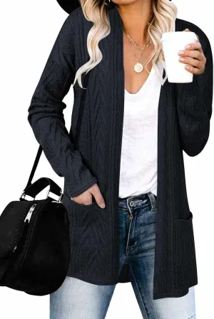 MEROKEETY Women's Casual Long Sleeve Open Front Cable Knit Cardigans Lightweight Solid Color with Pockets