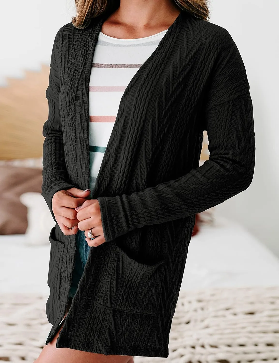 MEROKEETY Women's Casual Long Sleeve Open Front Cable Knit Cardigans Lightweight Solid Color with Pockets