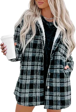 Merryfun Womens Plaid Shacket Jacket Sherpa Lined Flannel Jackets Oversized Button Up Fleece Hooded Warm Coat