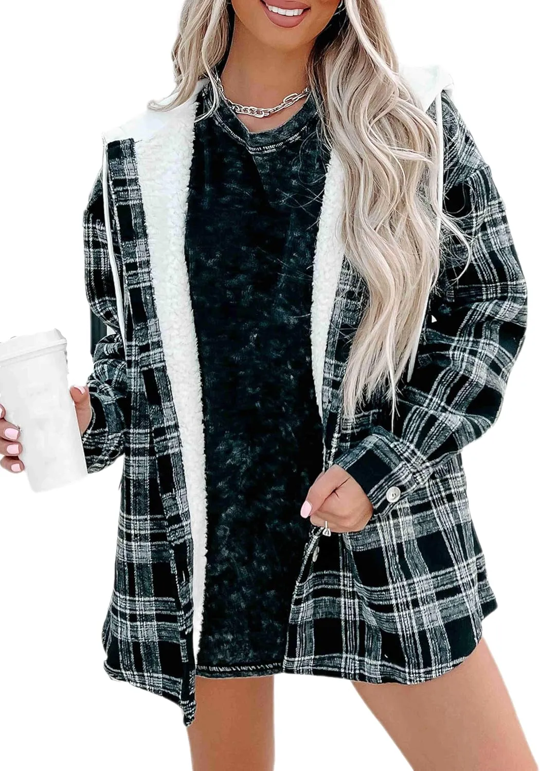 Merryfun Womens Plaid Shacket Jacket Sherpa Lined Flannel Jackets Oversized Button Up Fleece Hooded Warm Coat
