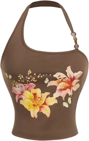 Milumia Women's Beaded Floral Backless Halter Top Asymmetrical Sleeveless Y2k Tops