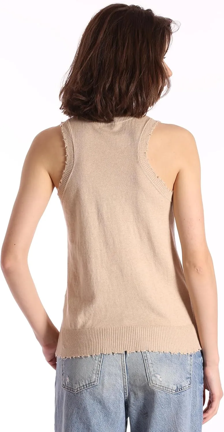 Minnie Rose Womens Frayed Crew Neck, Armholes & Hem Cotton Cashmere Tank Top