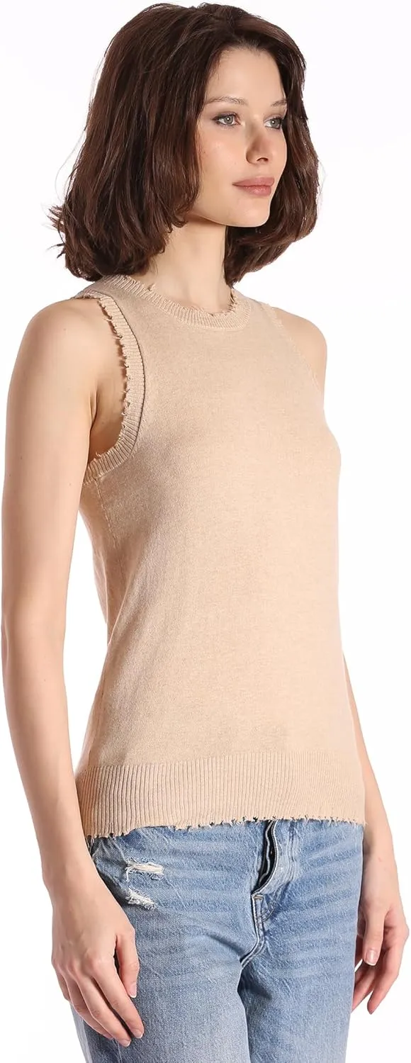 Minnie Rose Womens Frayed Crew Neck, Armholes & Hem Cotton Cashmere Tank Top
