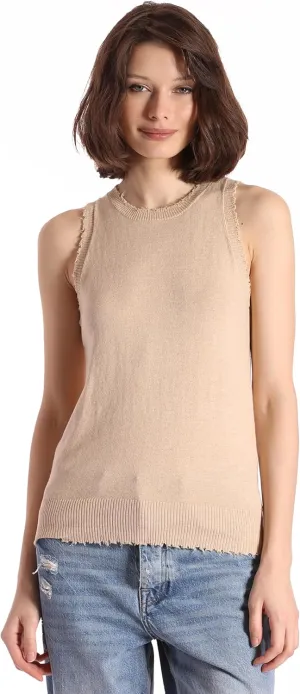 Minnie Rose Womens Frayed Crew Neck, Armholes & Hem Cotton Cashmere Tank Top