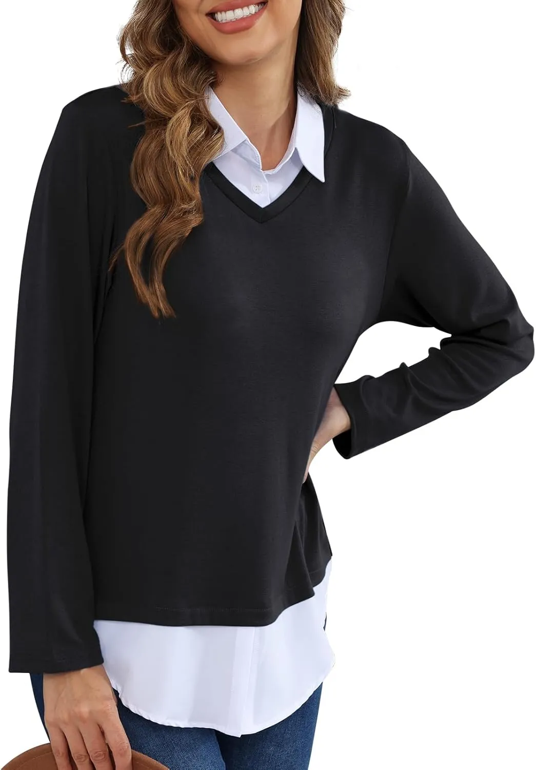 MISS FORTUNE Women's V-Neck Collar 2 in 1 Office Tunic Sweater