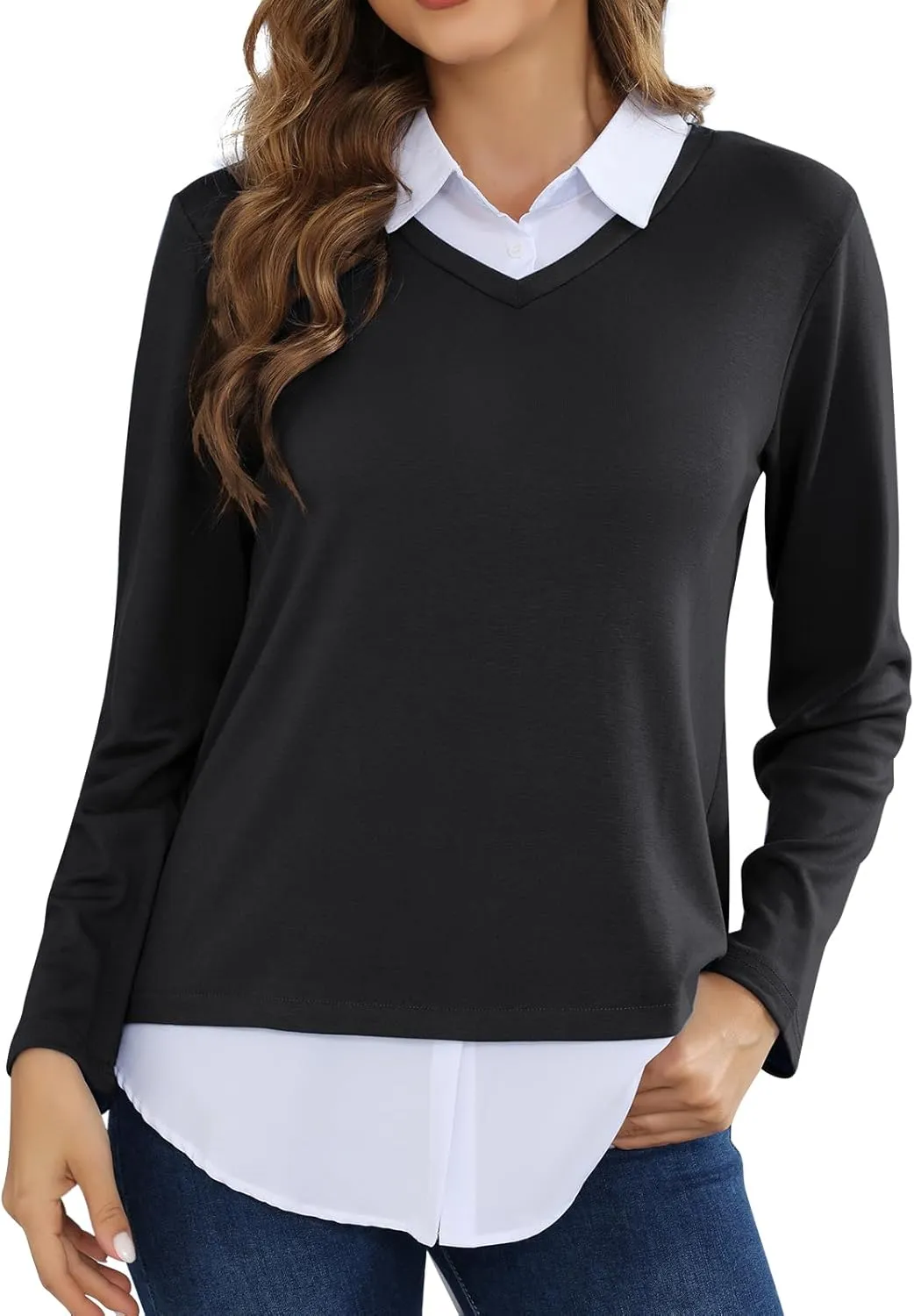 MISS FORTUNE Women's V-Neck Collar 2 in 1 Office Tunic Sweater