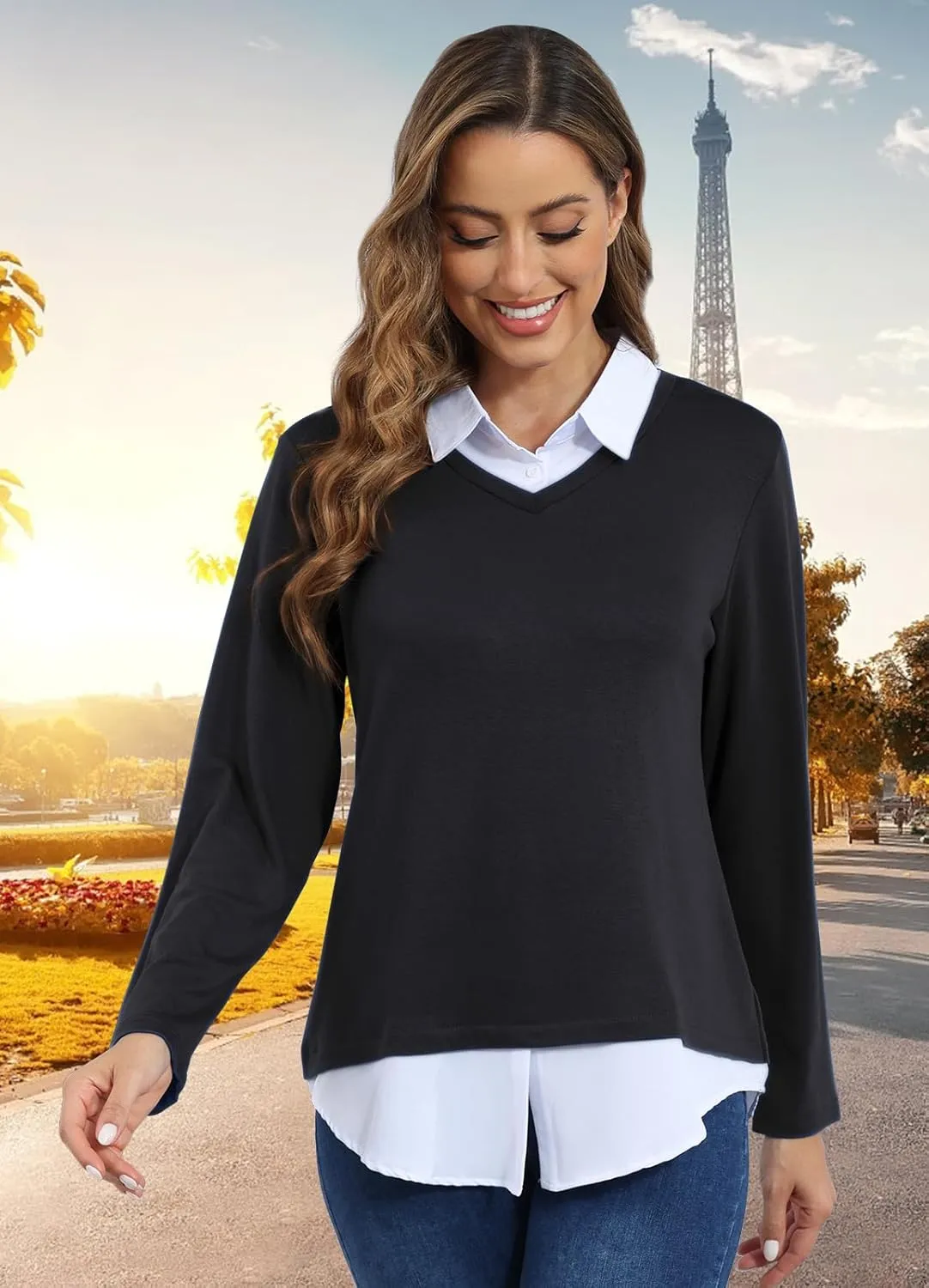 MISS FORTUNE Women's V-Neck Collar 2 in 1 Office Tunic Sweater