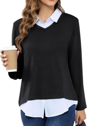 MISS FORTUNE Women's V-Neck Collar 2 in 1 Office Tunic Sweater