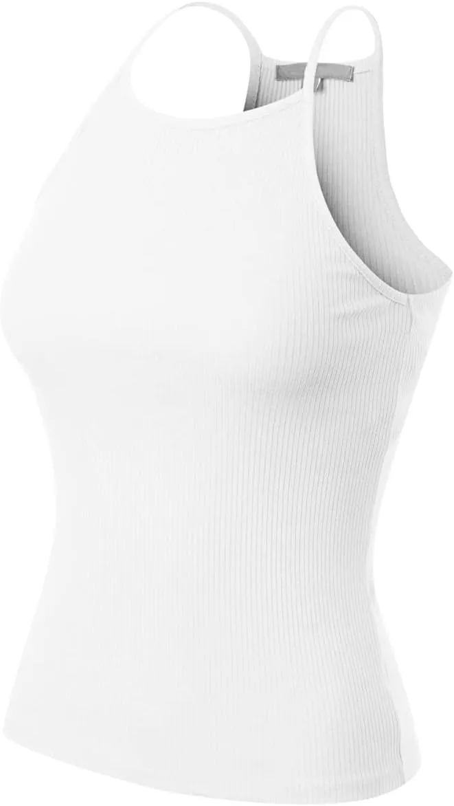 MixMatchy Women's Simple Casual Basic Active High Neck Ribbed Tank Top